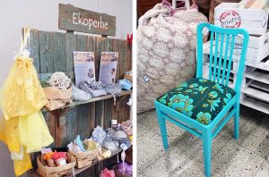 Kuvassa on SaimaanVirta ry:n valmennusyksiköissä valmistettuja työpajatuotteita, esimerkiksi kunnostettu tuoli ja kierrätetystä tekstiilistä valmistettuja kodintuotteita.