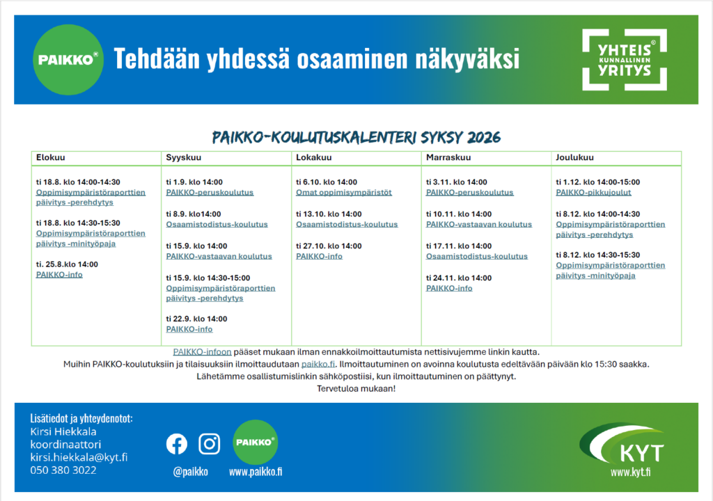 Syksyn 2026 Paikko-koulutuksien kalenteri.