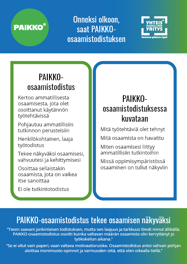 Kansisivu esitteestä, joka käsittelee PAIKKO-osaamistodistusta.
